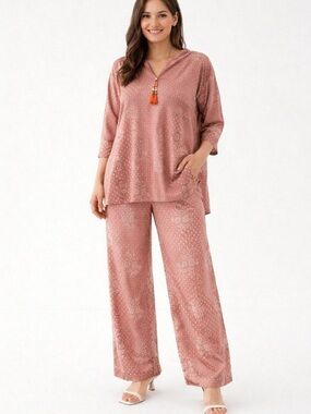 Boho Matching Set Pink Pattern | Top + Wide Leg Pants | Size M
